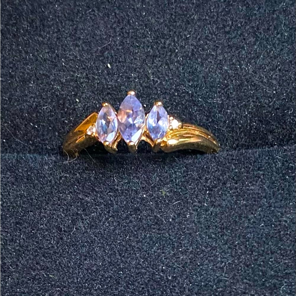 O-17: Solid 10k YG 3 Marquis Tanzanite & Diamond accent ring - 6.75 sizable